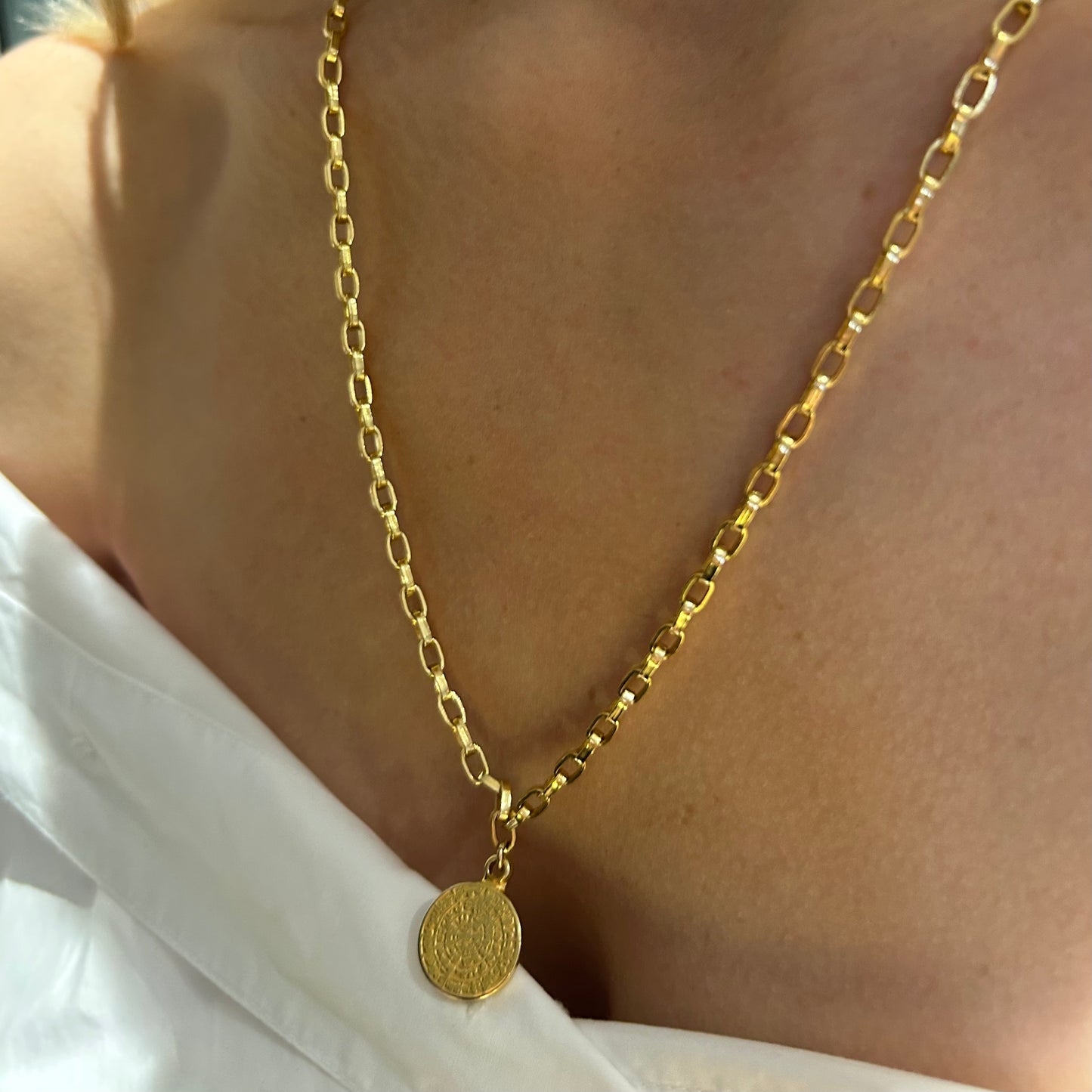 Thick tight knit 14k gold filled chain with Ancient Greek medallion