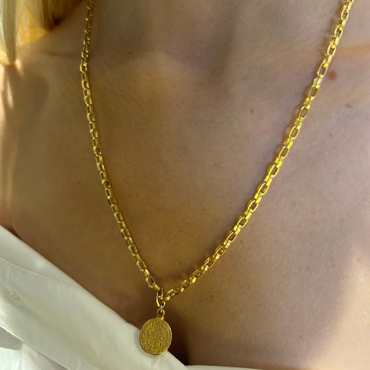 Thick tight knit 14k gold filled chain with Ancient Greek medallion