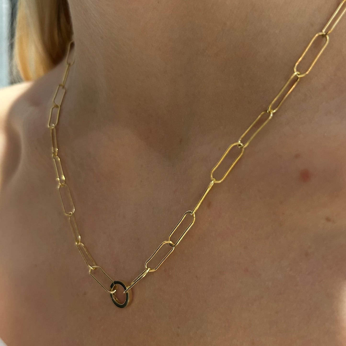 Smooth paper clip chain necklace 14k gold filled  with 14k gold shortener clasp.