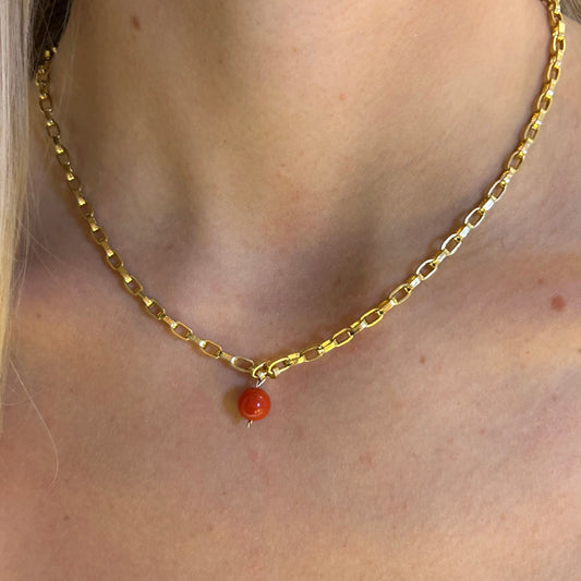 Chunky close knit chain 14k gold filled with coral pendant