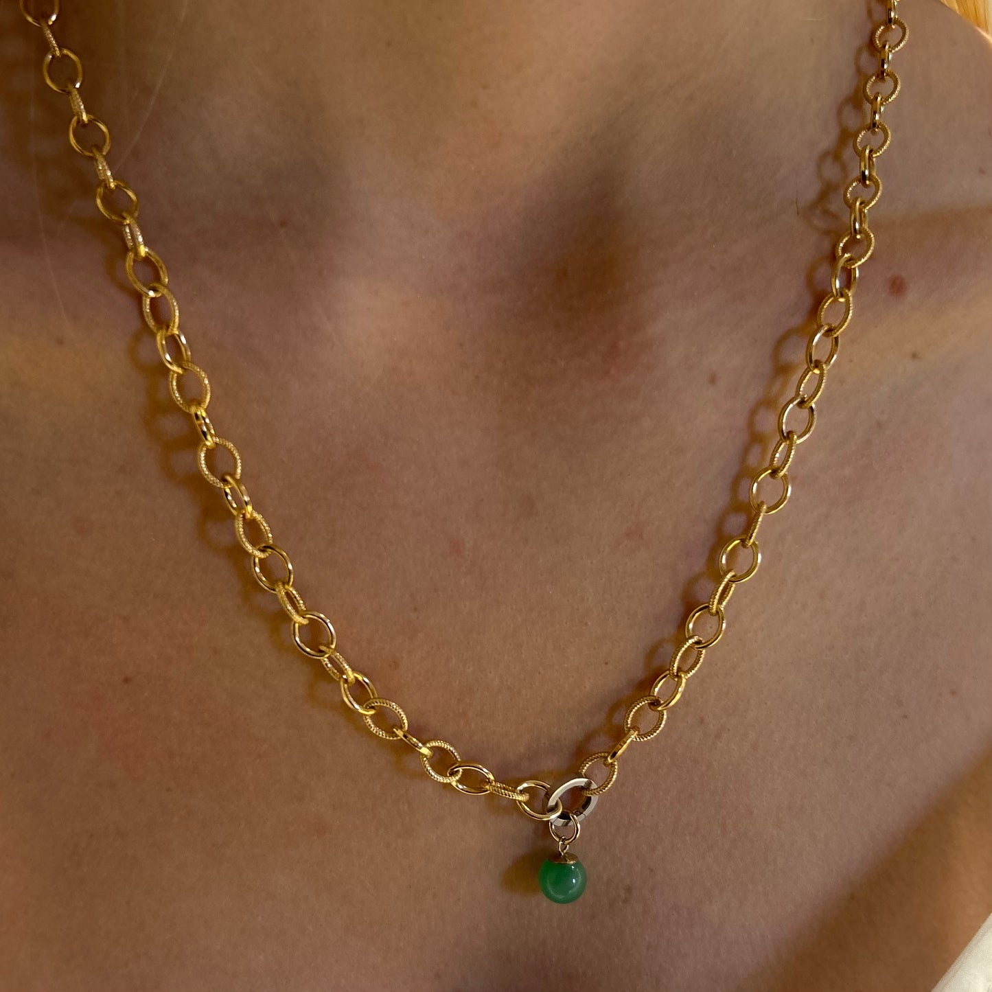 Chunky textured 14k gold filled chain with 14k white gold shortener and jade pendant