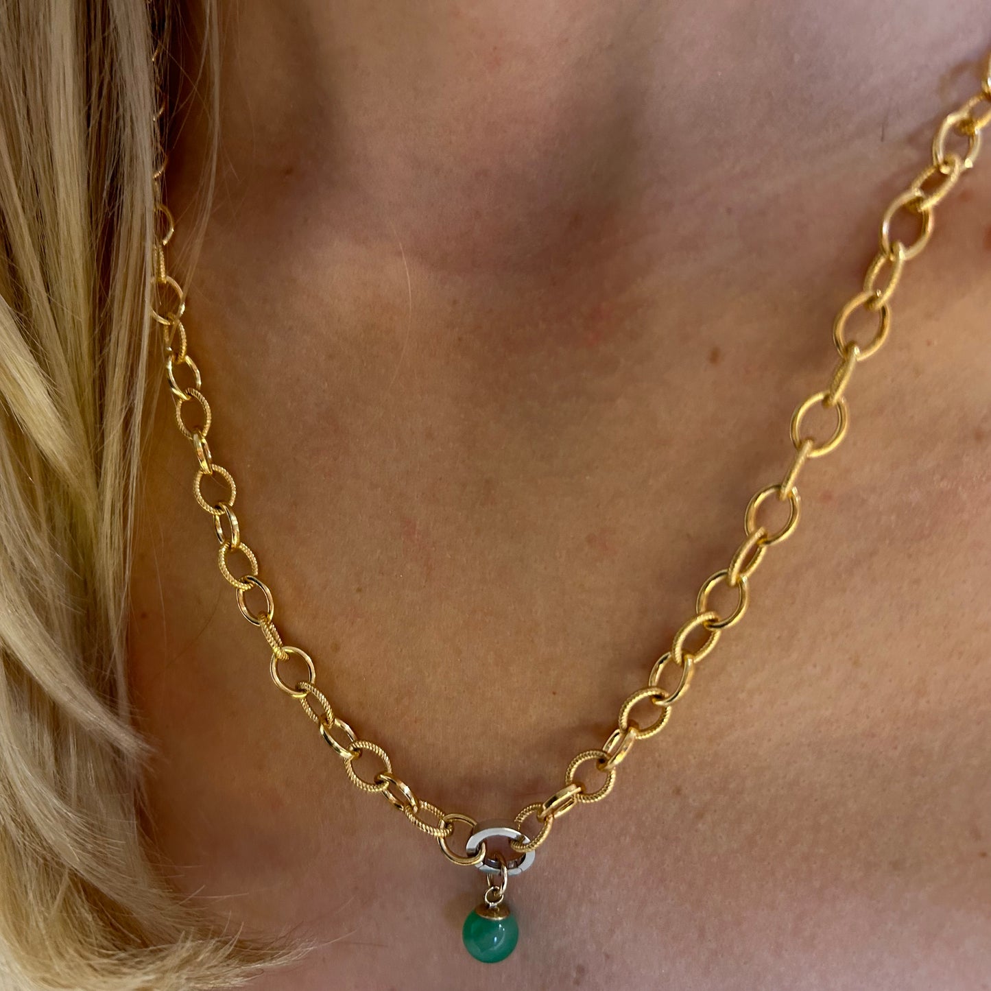 Chunky textured 14k gold filled chain with 14k white gold shortener and jade pendant