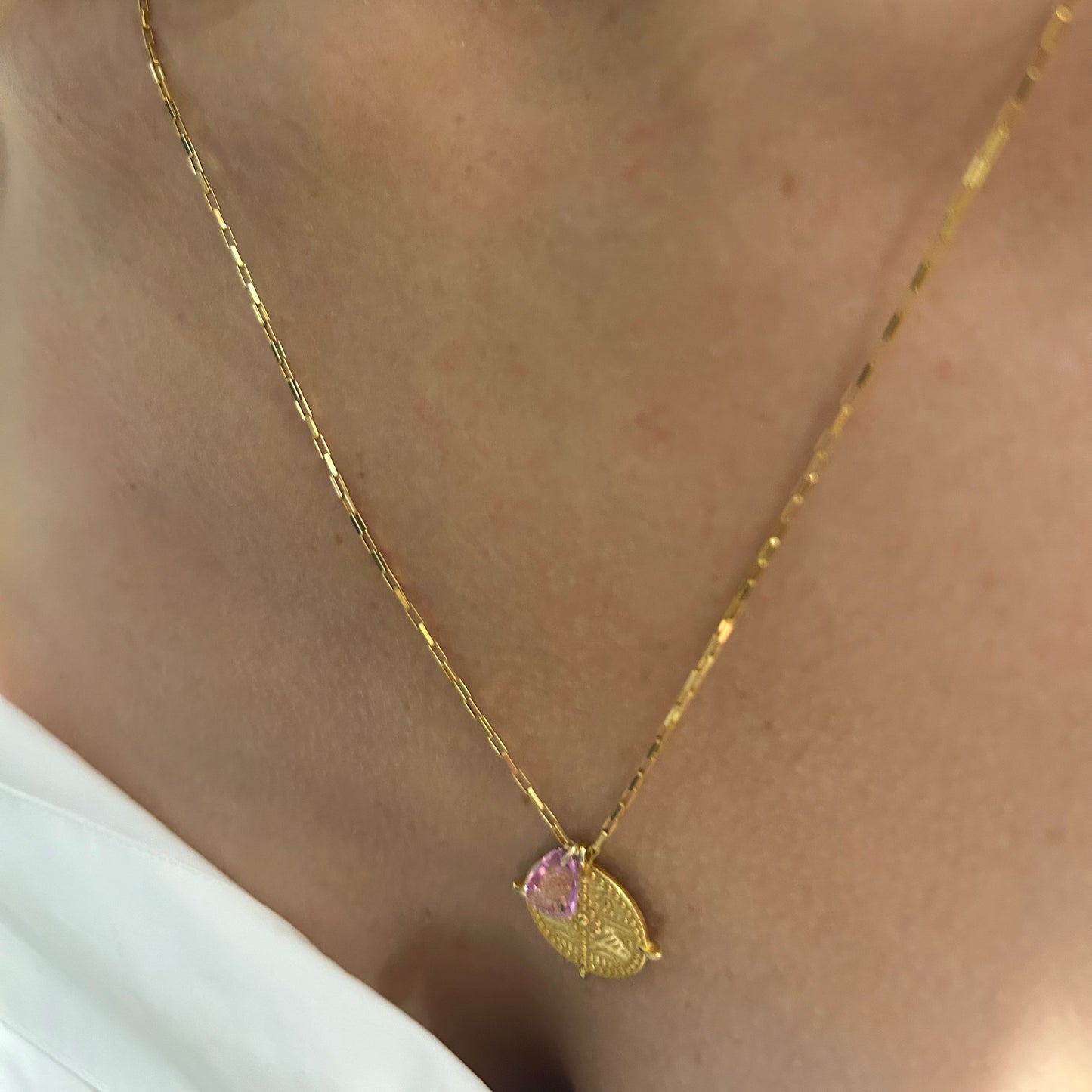 Fine square belcher chain with pink sapphire pendant and Ancient Greek medallion