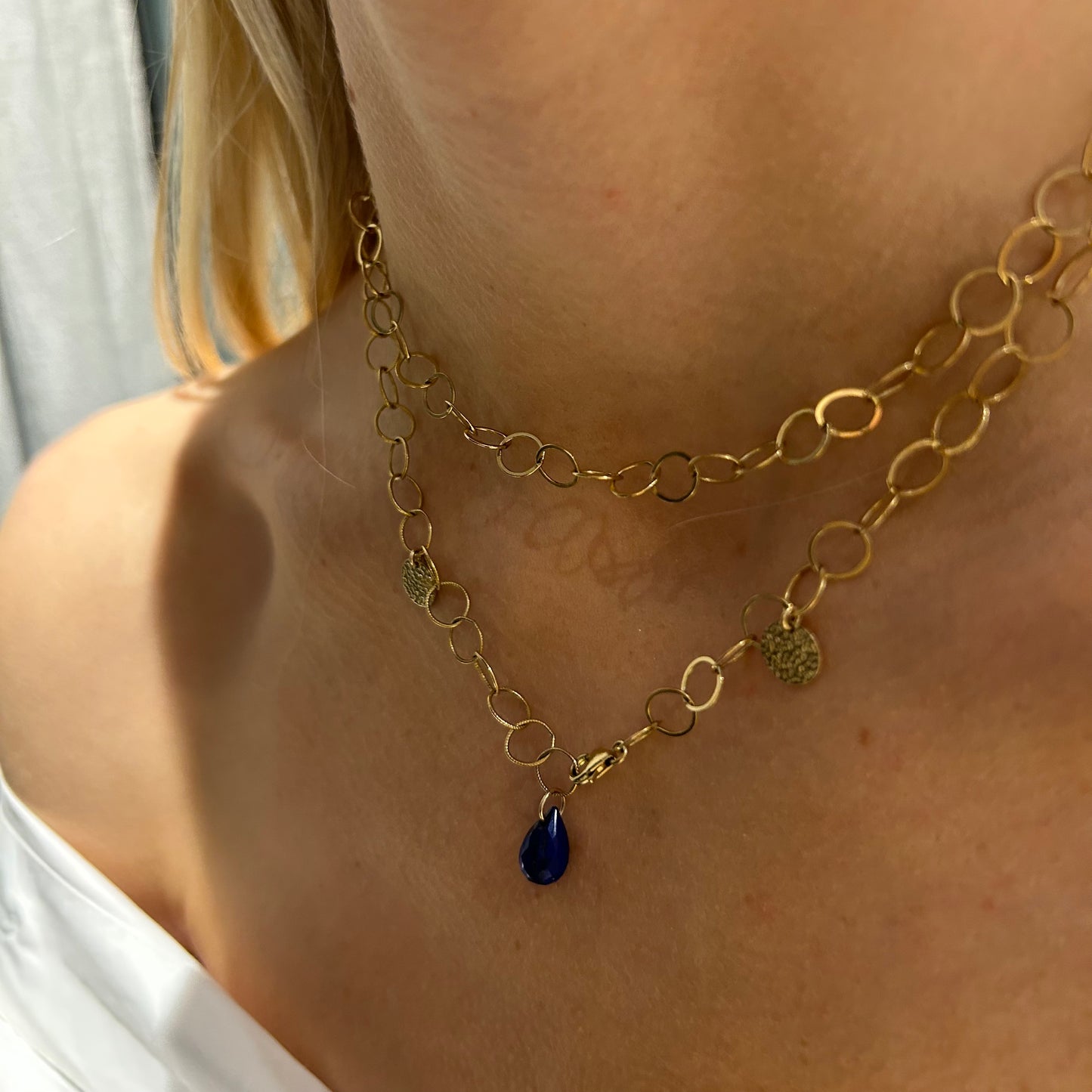 Circle 14k gold filled chain with lapis pendant and gold medallions