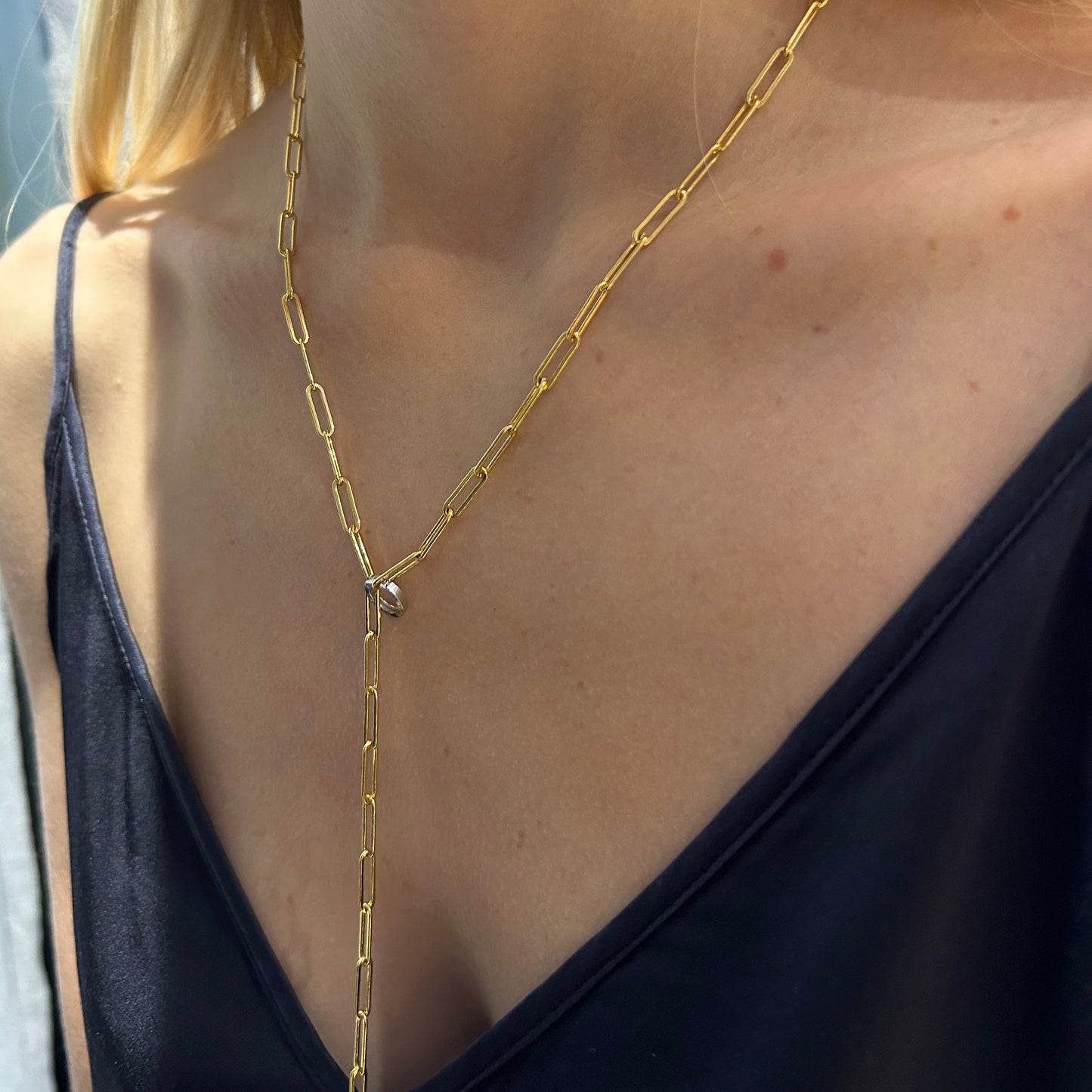 14K gold filled solid paper chain long necklace  with 14k solid white gold round shortener.
