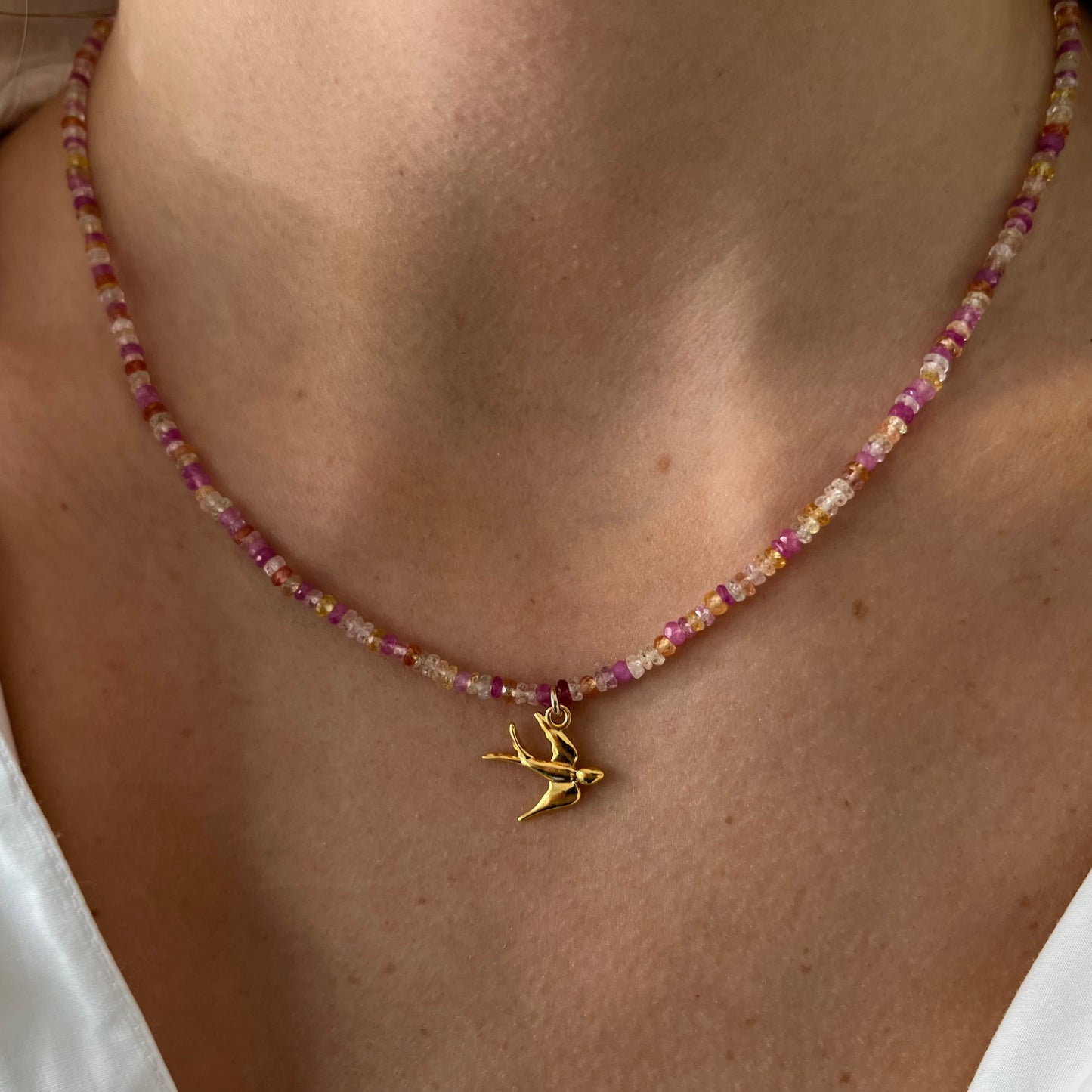 Mix colour sapphire  necklace with gold swallow pendant