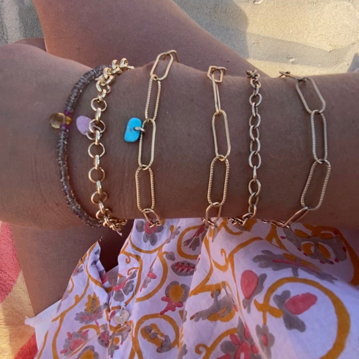 Textured paper clip chain  bracelet with turquoise nugget pendant